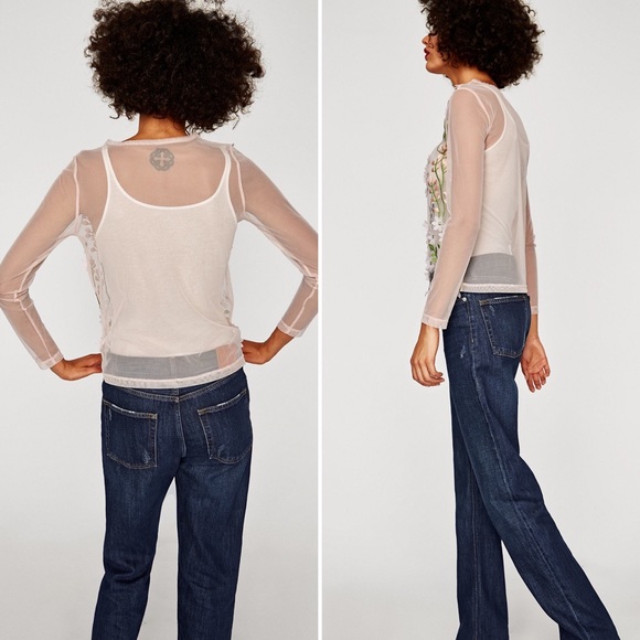 NEW ZARA PALE PINK SHEER TULLE FLORAL APPLIQUÉ TOP - Picture 3 of 10